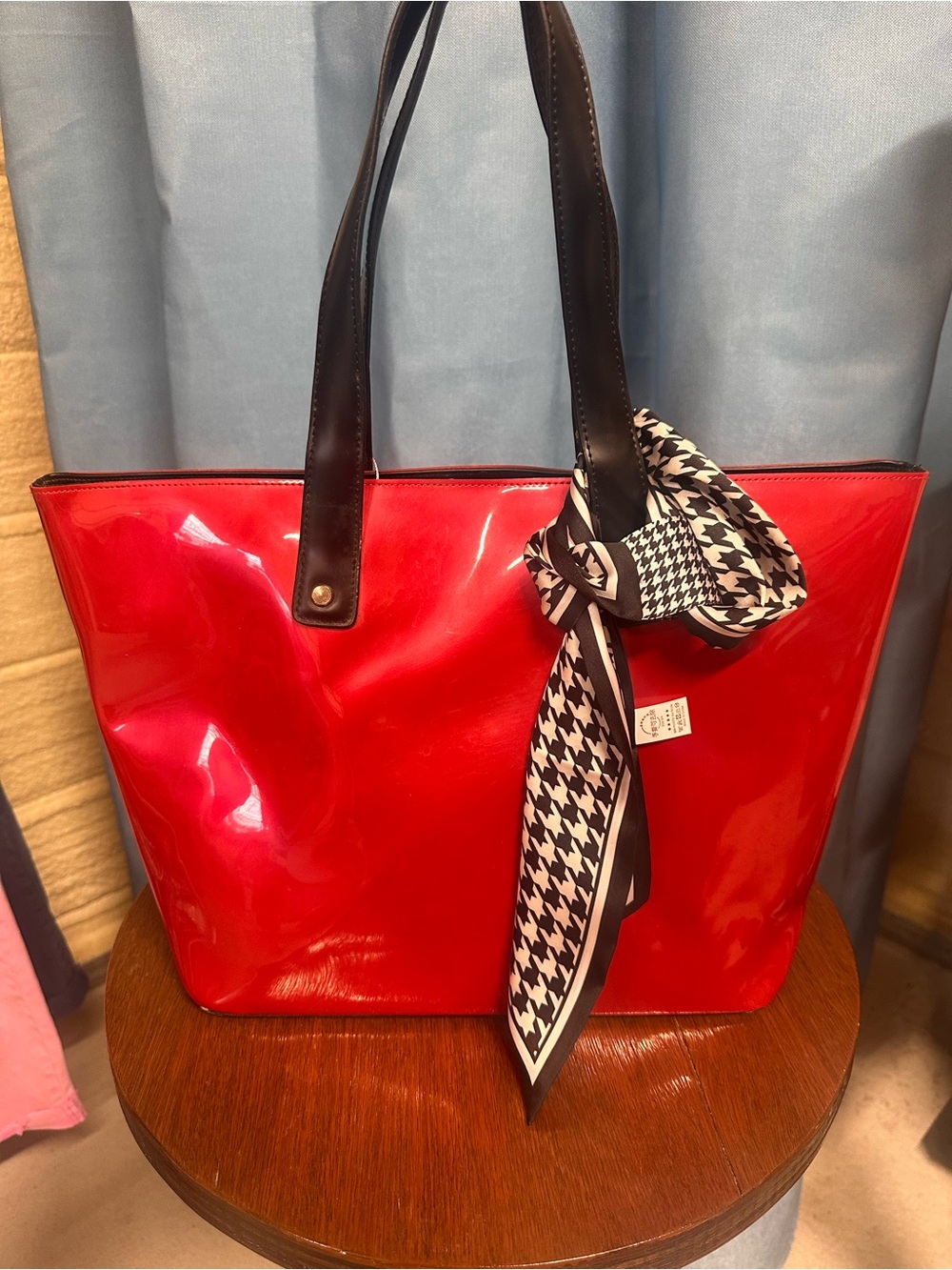 Beijo Red Patent Tote Bag with Black Handles and Houndstooth Scarf
